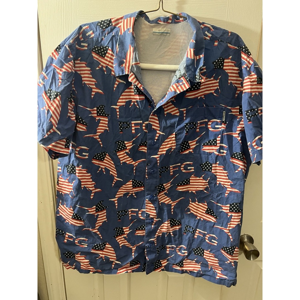 Columbia PFG Trollers Best Shirt Mens XXL Blue Button Up USA Flag Vented Fishing